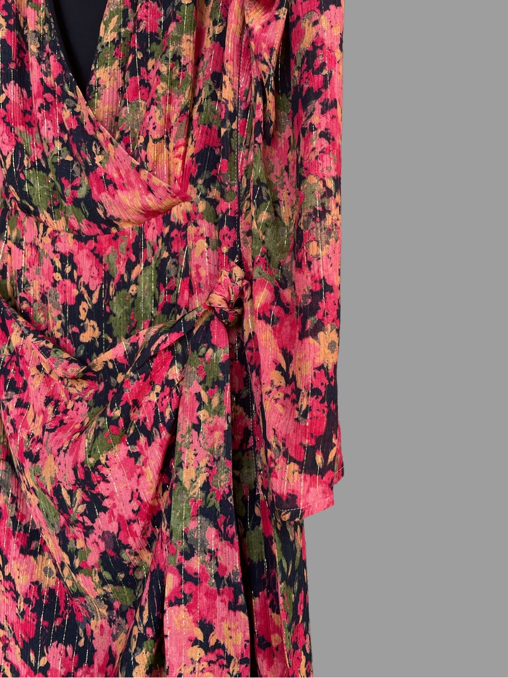 SEZANE Metallic Pink Floral Printed Long Sleeve V Neck Armonie Silk Wrap Dress - Picture 9 of 14